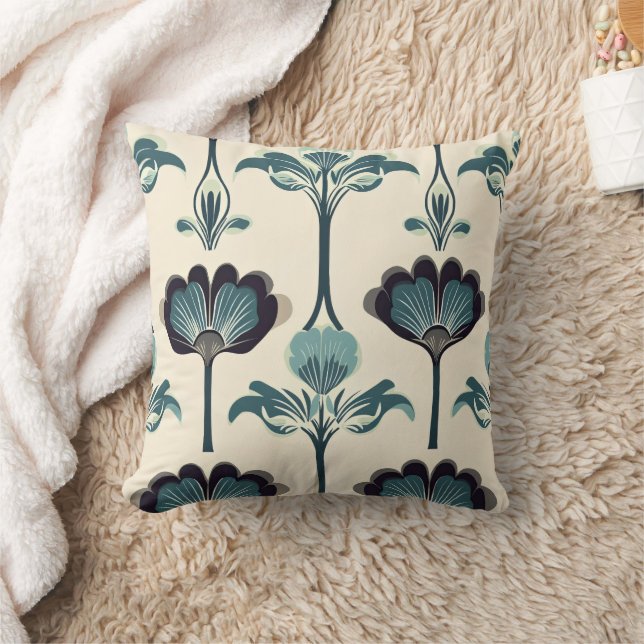 Blå Art Deco-blomma Kudde (Filt)