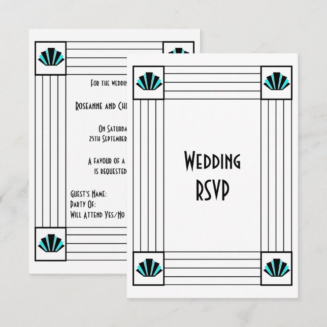 Blå Art Deco Design Bröllop OSA Kort (Fram/baksida)