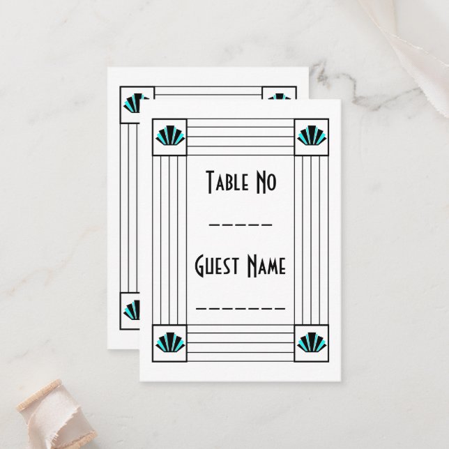 Blå Art Deco Design Bröllop Placeringskort (Fram/Back In Situ)