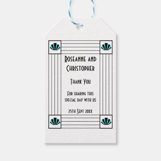 Blå Art Deco Design Bröllop Presentetikett (Framsidan)