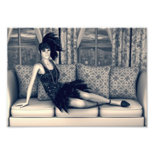 Blå Art Deco Flapper Kvinna Vintage Konst Fototryck