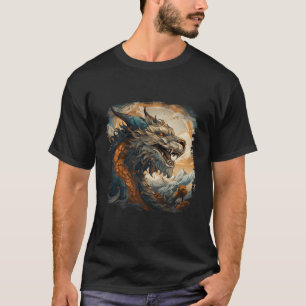 Blå asiatiska drakmolnen Måne japanska och T Shirt