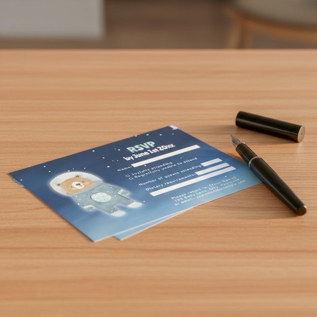 Blå astronaut Bear Rymden OSA kort (Blue Astronaut Bear Outer Space RSVP Card.)