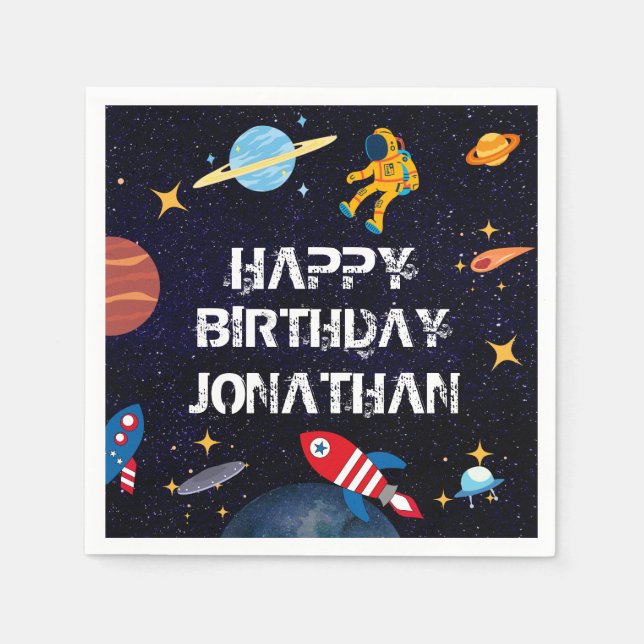 Blå astronaut Birthday Planets Namn Pappersservett (Framsidan)