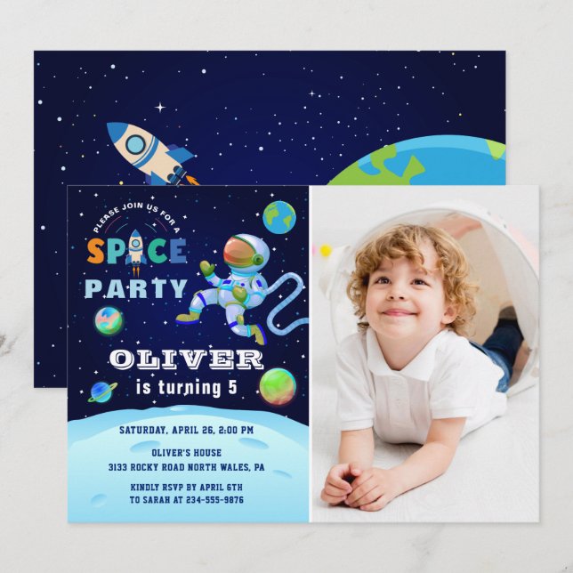 Blå astronaut Galaxy Rymden Birthday Photo Inbjudningar (Fram/baksida)