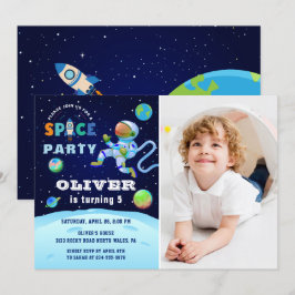 Blå astronaut Galaxy Rymden Birthday Photo Inbjudningar