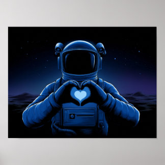 Blå astronaut gör hjärttecken på främmande måne poster