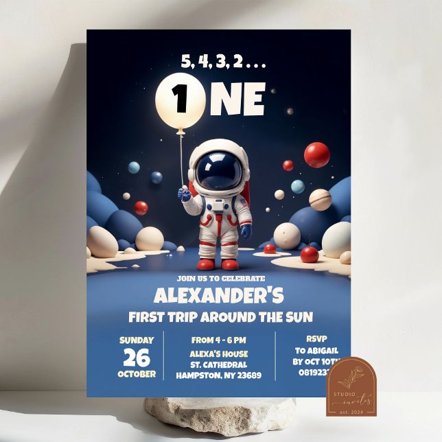 Blå astronaut rymden förste födelsedag pojke inbjudningar (Skapare uppladdad)