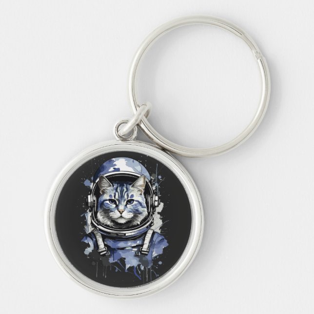 Blå astronaut, Stänk design Rund Silverfärgad Nyckelring (Framsidan)