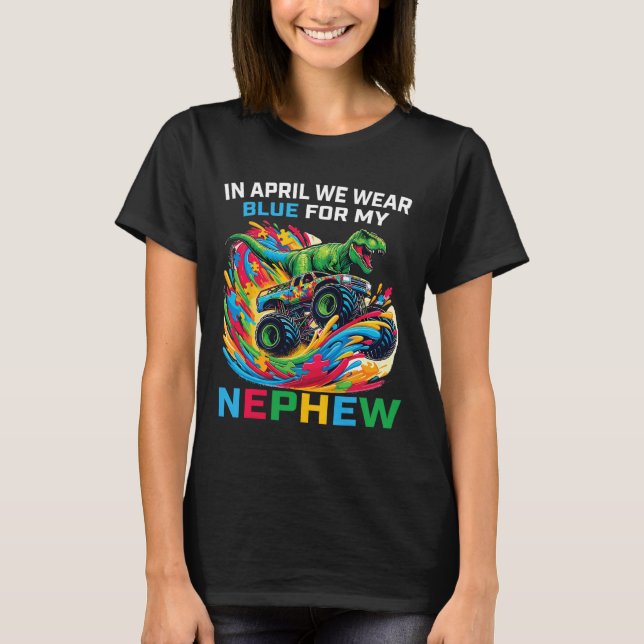 Blå Autism Medvetenhet Nevö T Rex Monster Truck D Shirt (Framsida)