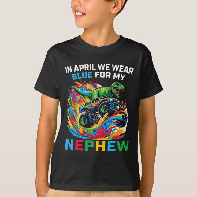 Blå Autism Medvetenhet Nevö T Rex Monster Truck D Shirt (Framsida)