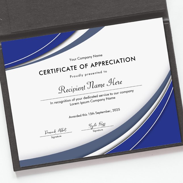 Blå avskrivningscertifikat (Certificate of Appreciation)