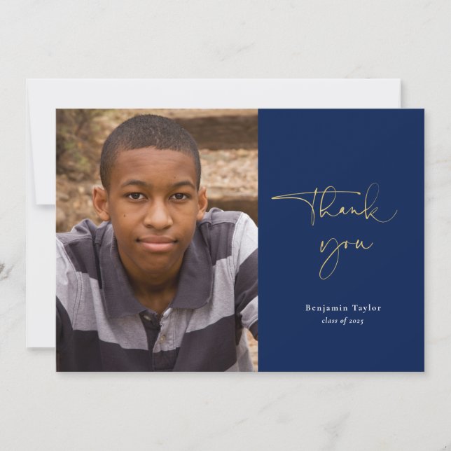 Blå Avslappnad-skript, foto Studenten Tack Kort (Framsida)