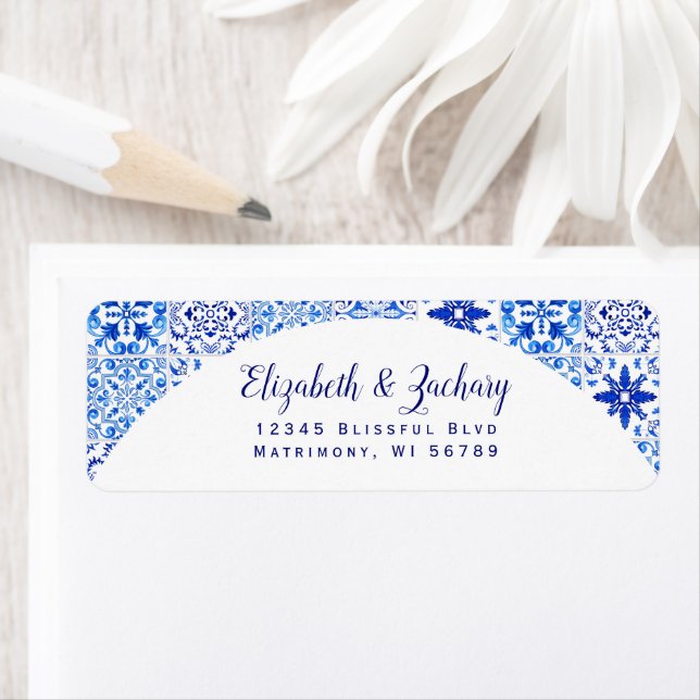 Blå Azulejos-båge Bröllopsreturadressetikett Returadress Etikett (Insitu)