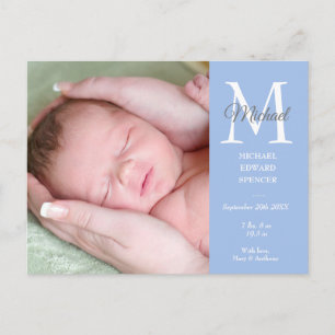 Blå Baby Boy Initial Monogram Foto Tack Vykort