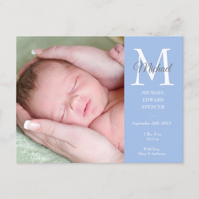 Blå Baby Boy Initial Monogram Foto Tack Vykort (Framsida)