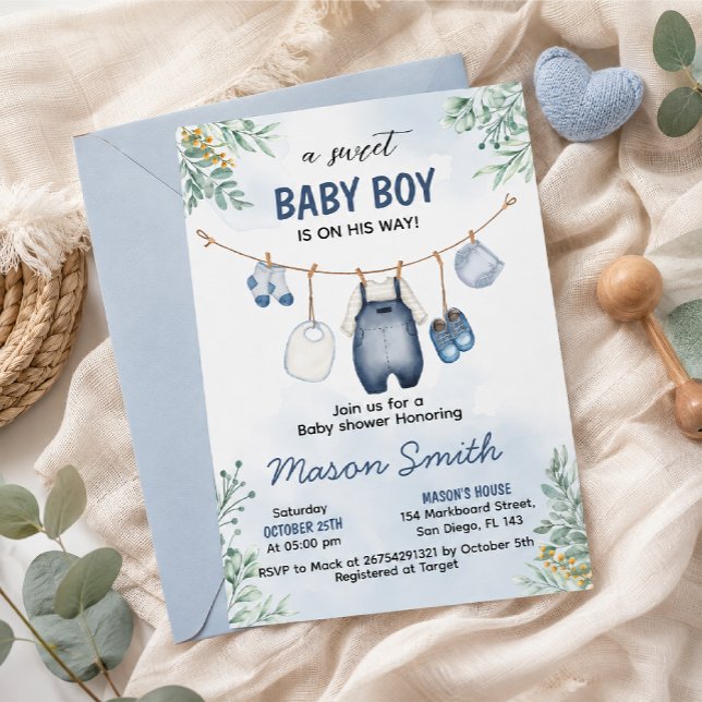 Blå baby boy klädstreck baby shower inbjudningar (Skapare uppladdad)