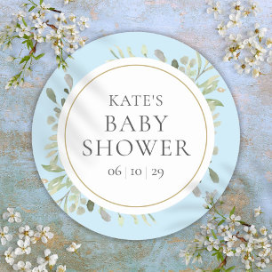 Blå Baby Boy Shower Vattenfärg Grönska Blad Runt Klistermärke