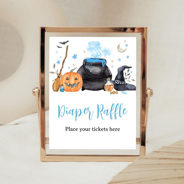 Blå Baby Brygger Blöja Lotteri Skylt (Baby is Brewing Witch Baby Shower Diaper Raffle Sign)