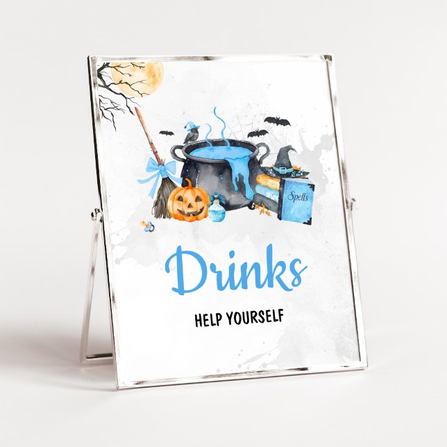 Blå Baby Brygger Häxdrycker Skylt (Boy Halloween Witch Baby Shower Drinks SIgn)