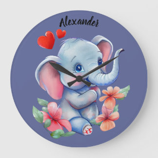 Blå Baby Elephant Wall Clock Stor Klocka