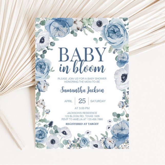 Blå Baby i babyskor för blomma Inbjudningar (Dusty Blue Wildflower Baby Shower Invitation )
