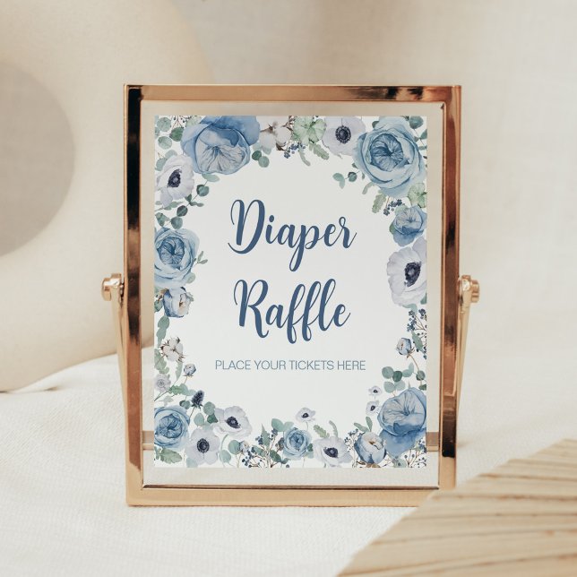 Blå Baby i Bloom Baby Shower Diaper Raffle Poster (Dusty Blue Wildflower Baby Shower Diaper Raffle Sign)
