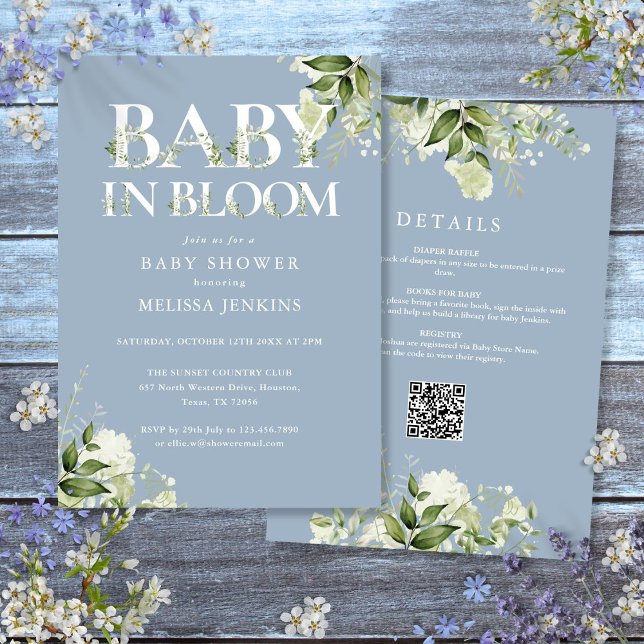 Blå Baby i Bloom Grey allt i en babyskabb Inbjudningar (Blue Baby In Bloom Greenery All In One Baby Shower Invitation)