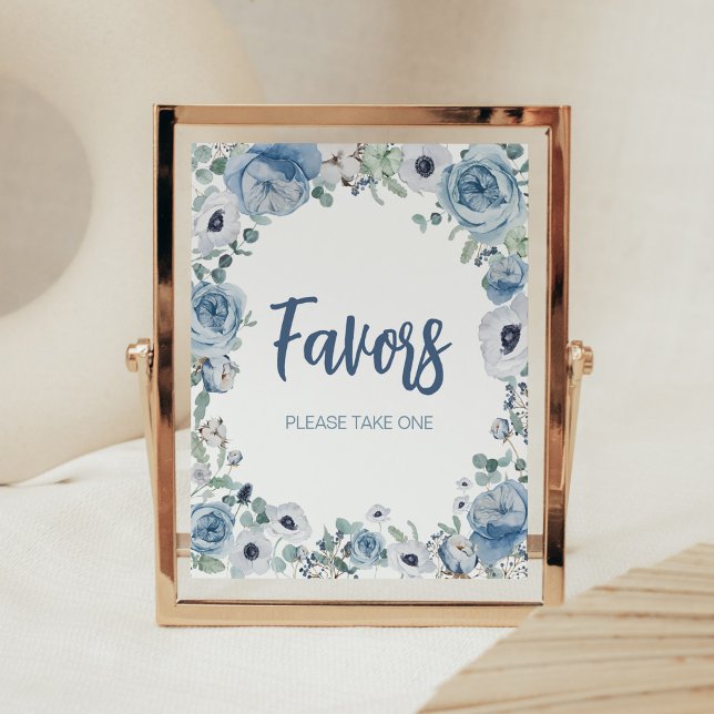 Blå Baby i favoriter för babybabyskor Poster (Dusty Blue Wildflower Baby Shower Favors Sign)