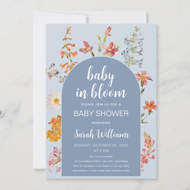 Blå Baby in Bloom Pojke Dopp Vilda Blommor Båge Inbjudningar (Framsida)