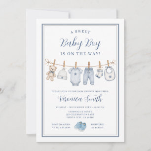 Blå baby klädstreck pojke baby shower inbjudningar