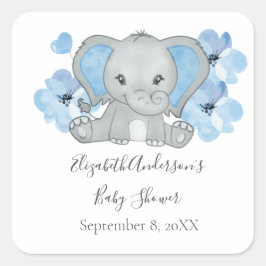 Blå Baby Pojke Elefant Baby Shower Blommor Ballong Fyrkantigt Klistermärke