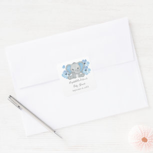 Blå Baby Pojke Elefant Baby Shower Blommor Ballong Fyrkantigt Klistermärke