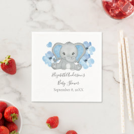 Blå Baby Pojke Elefant Babyfirande Blommor Ballong Pappersservett