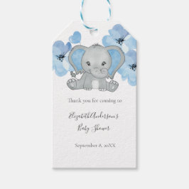 Blå Baby Pojke Elefant Babyfirande Blommor Ballong Presentetikett