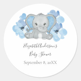 Blå Baby Pojke Elefant Babyfirande Blommor Ballong Runt Klistermärke
