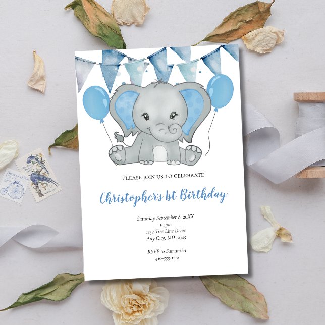 Blå Baby Pojke Elefant Ballong 1:a Första Födelsed Inbjudningar (Blue Elephant Balloons Banner 1st Birthday Invitation for Baby Boy)