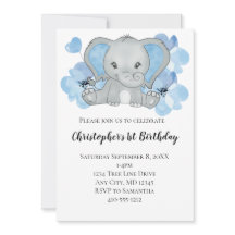 Blå Baby Pojke Elefant Blommor Ballonger Födelseda