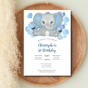 Blå Baby Pojke Elefant Blommor Ballonger Födelseda Inbjudningar