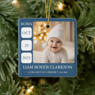 Blå Baby Pojke Födelsestadistik Foto Ornament Minn