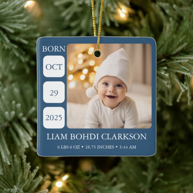 Blå Baby Pojke Födelsestadistik Foto Ornament Minn (Träd)