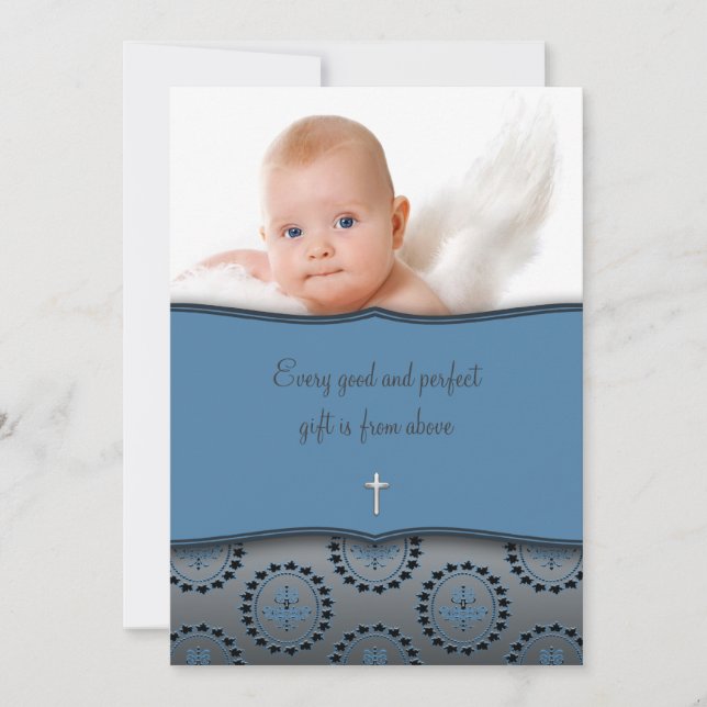 Blå Baby Pojke Foto Dop Inbjudningar (Framsida)
