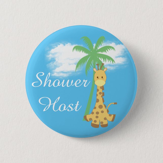 Blå baby shower-värd giraff märken knapp (Framsida)