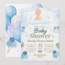 Blå babyboy shower inbjudan med ballonger och