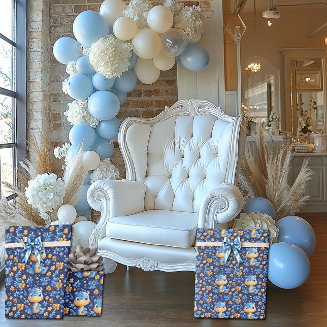 Blå Babydinosaur Gul & Blå Blommor Presentpapper (Skapare uppladdad)