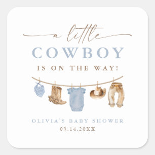 Blå babykläder torkställning Lille cowboy babyfira Fyrkantigt Klistermärke