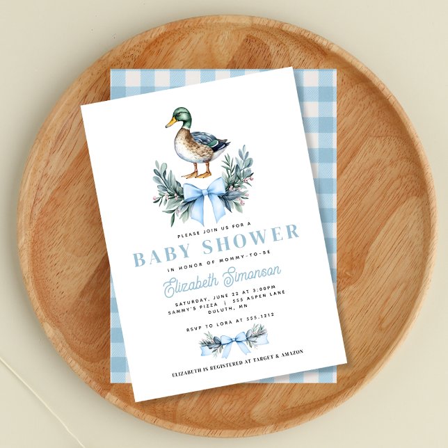 Blå Babypojke Mysande Andunge Baby Shower Inbjudningar (Blue Baby Boy Mallard Duck Baby Shower Invitation)