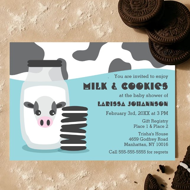 Blå babyskor för Cute, Mjölk och Cookies Inbjudningar (Cute Cow and Milk and Cookies Blue Baby Shower Invitation)