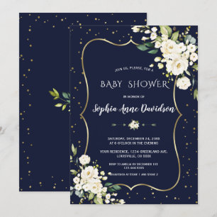 Blå babyskor för lyxgul Guld White Flowers Navy Bl Inbjudningar