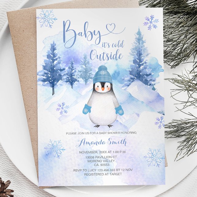 Blå babyskor för Winter Penguin Snöflingor Silver Inbjudningar (Skapare uppladdad)